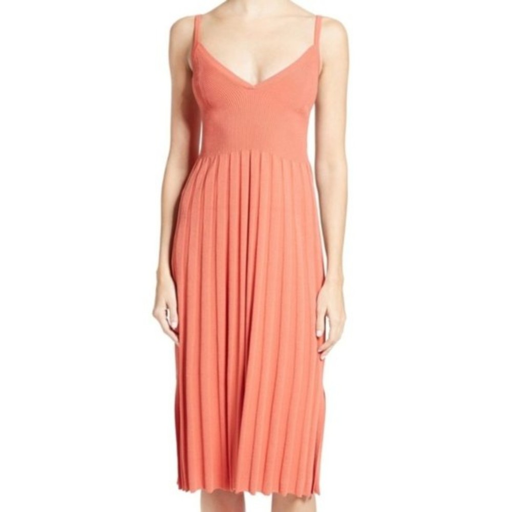 Elizabeth and James Women's Ribbed Pleated Midi Dress in Salmon/Coral Size L